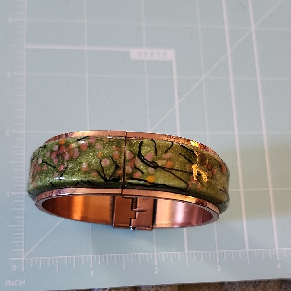 Vintage Matisse Renior Copper Green Hinged Bracelet With Dots squiggles Design